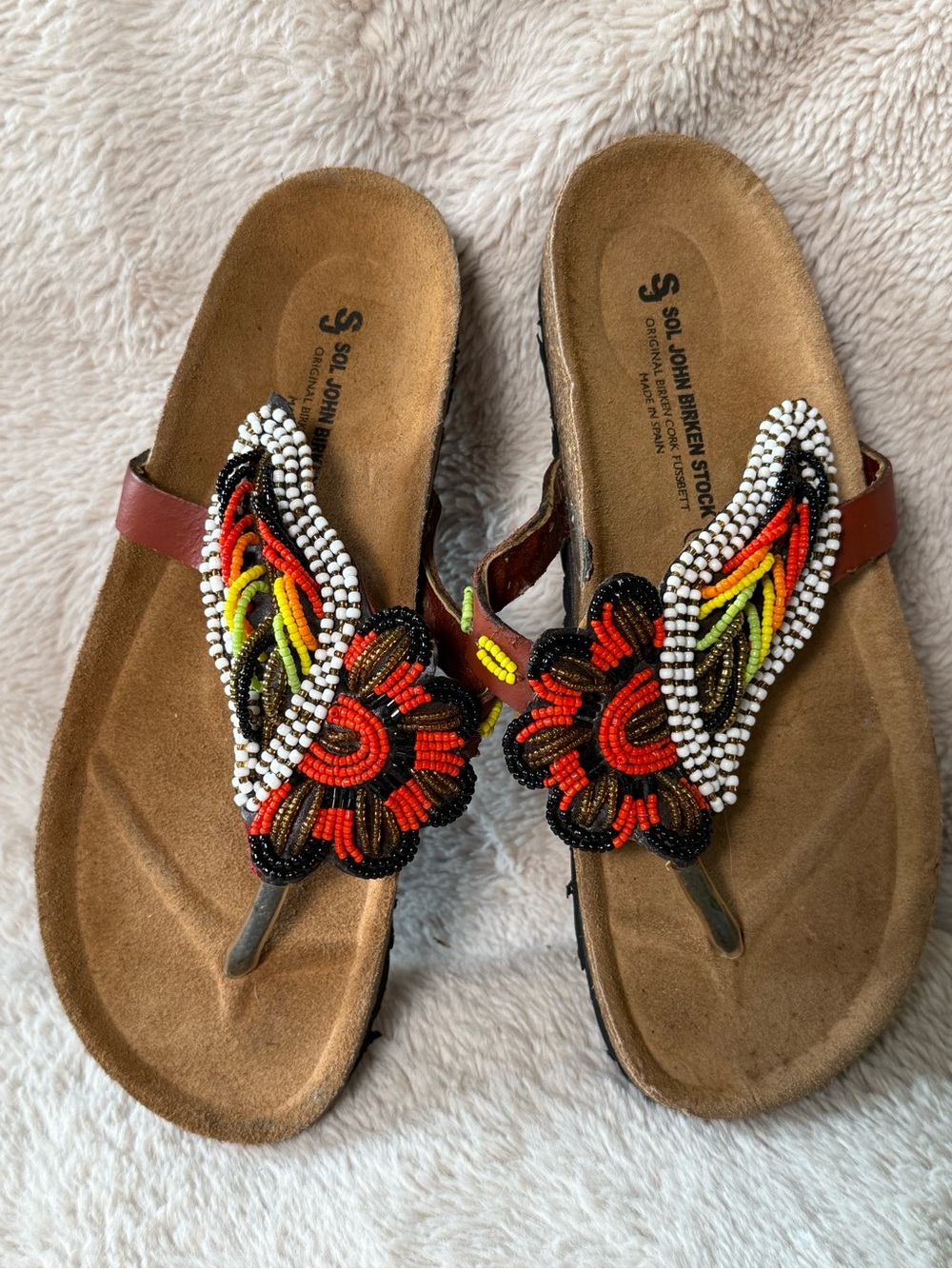 Sol John Birken Stock Maasai Hand Beaded Thong Sandals Made in Spain Sz 37